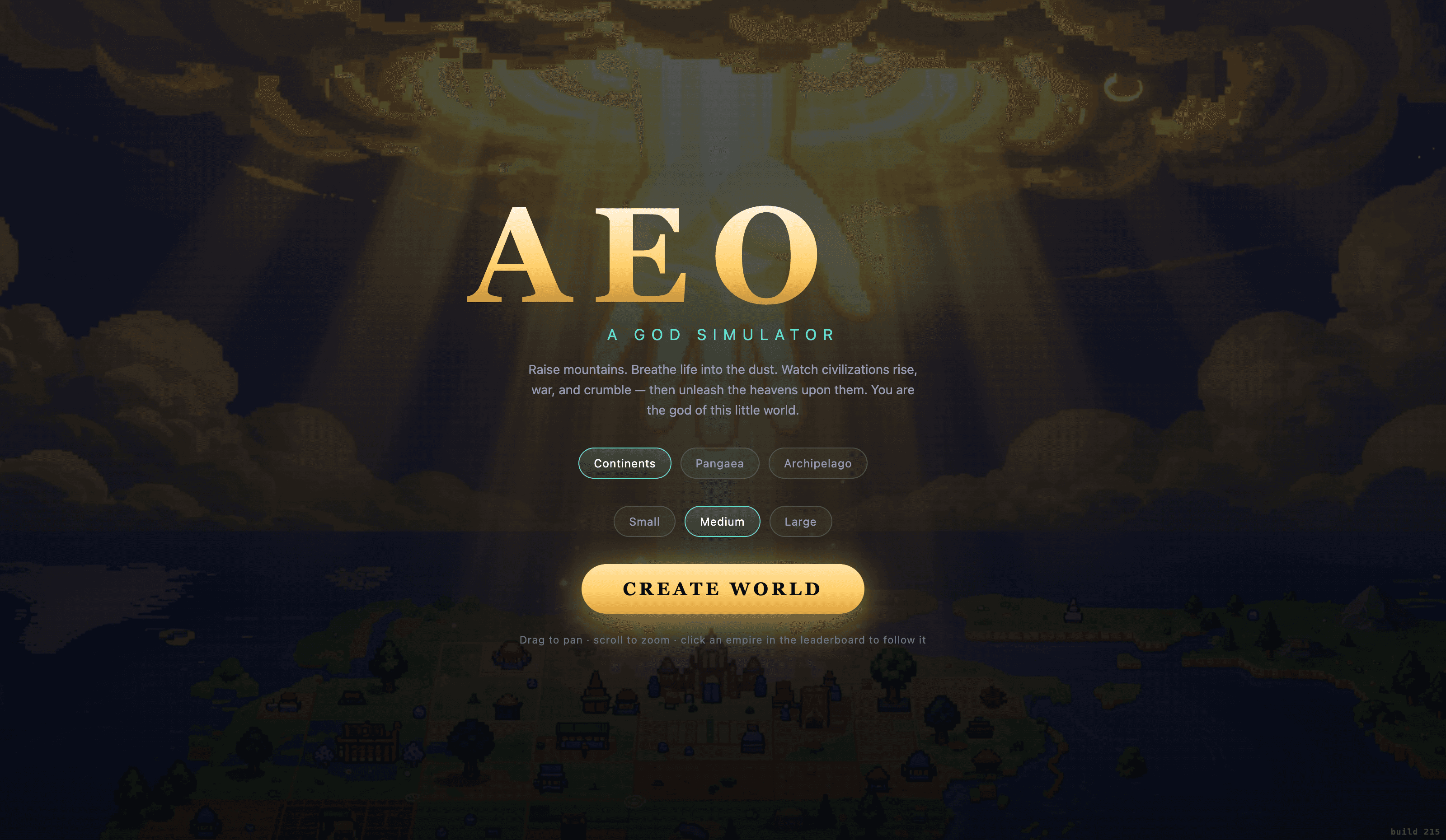 AEON title screen — raise mountains, breathe life into the dust