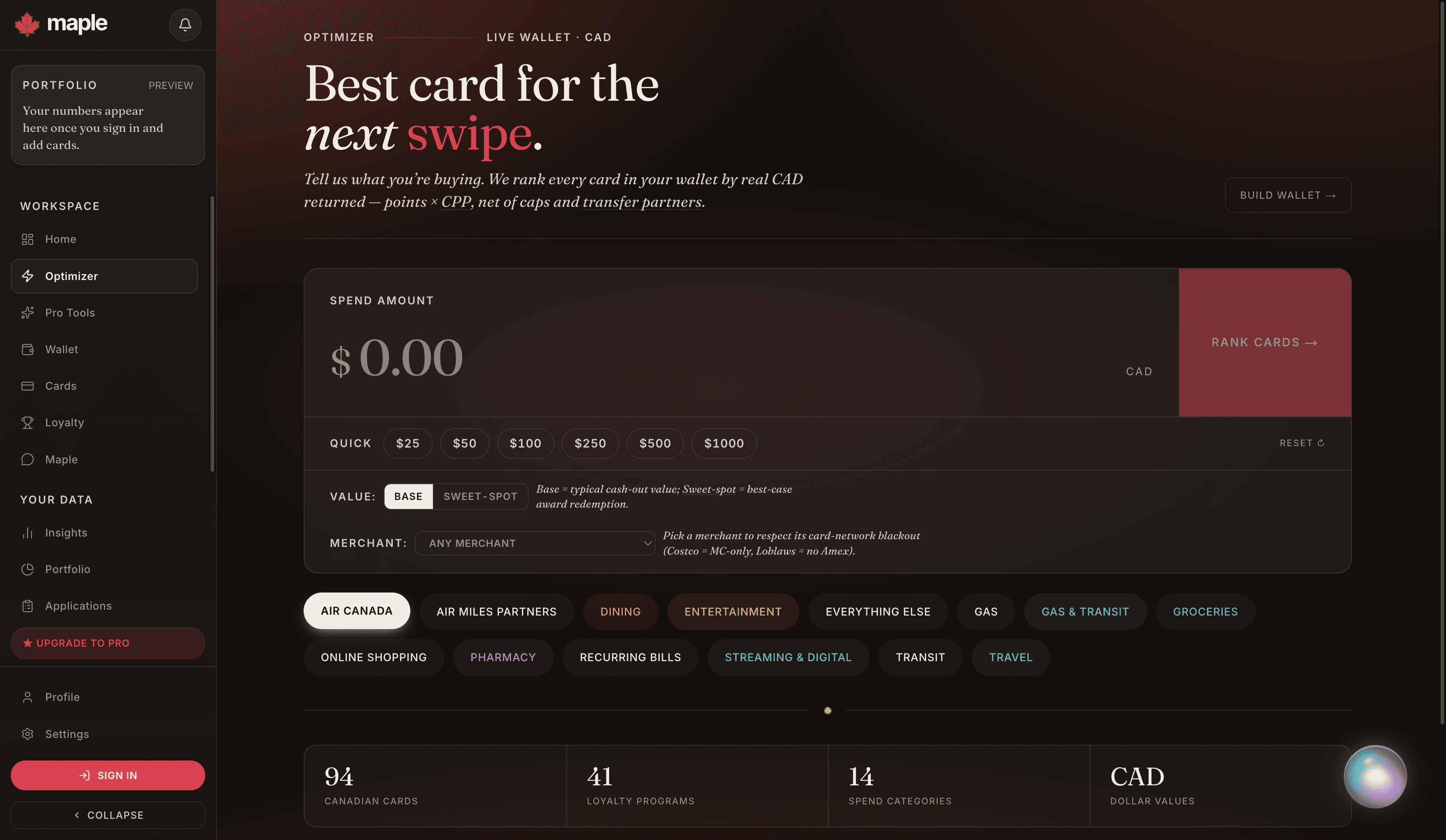 The Optimizer — best card for the next swipe, ranked in real CAD